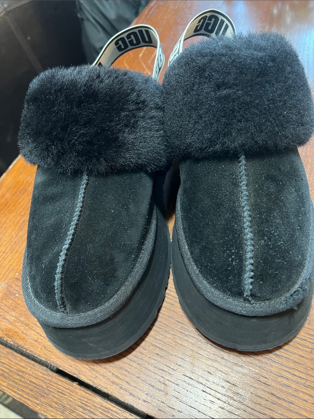 UGG Black Suede Shearling Platform Slip-On Clogs